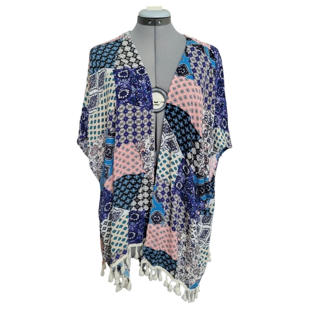 Patchwork Cardigan Wrap Size Medium Navy Pink Swim Cover-up